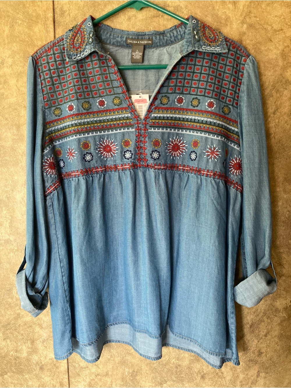 Chelsea And Theodore Tencel Lyocell Embroidered Denim Blue Jean Top Boho L